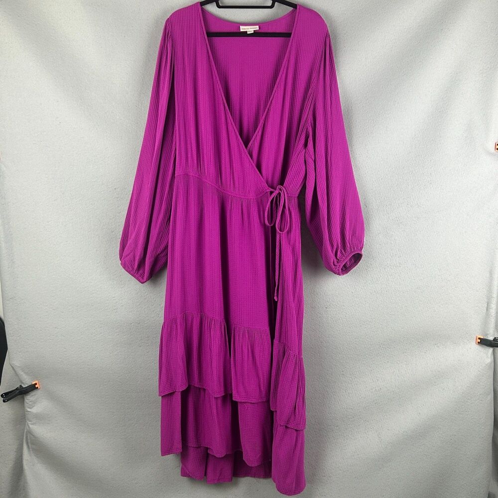 Knox Rose Wrap Maxi Dress 1X 14W-16W Magenta Purple Ribbed Tiered Balloon Sleeve